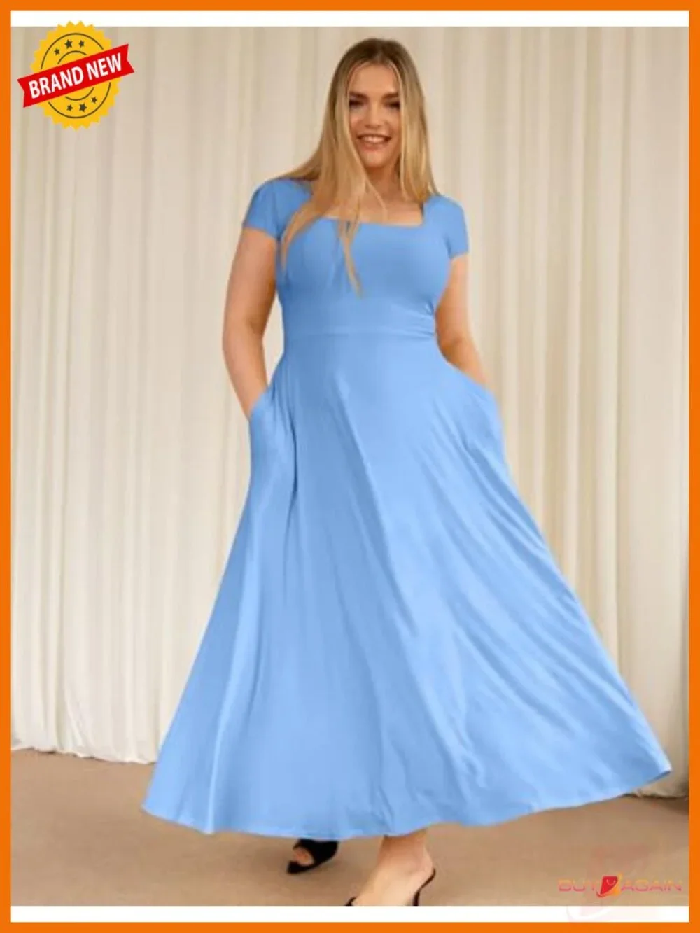 Women's Square Neck Short Sleeve Flowy Long Dress with Pockets